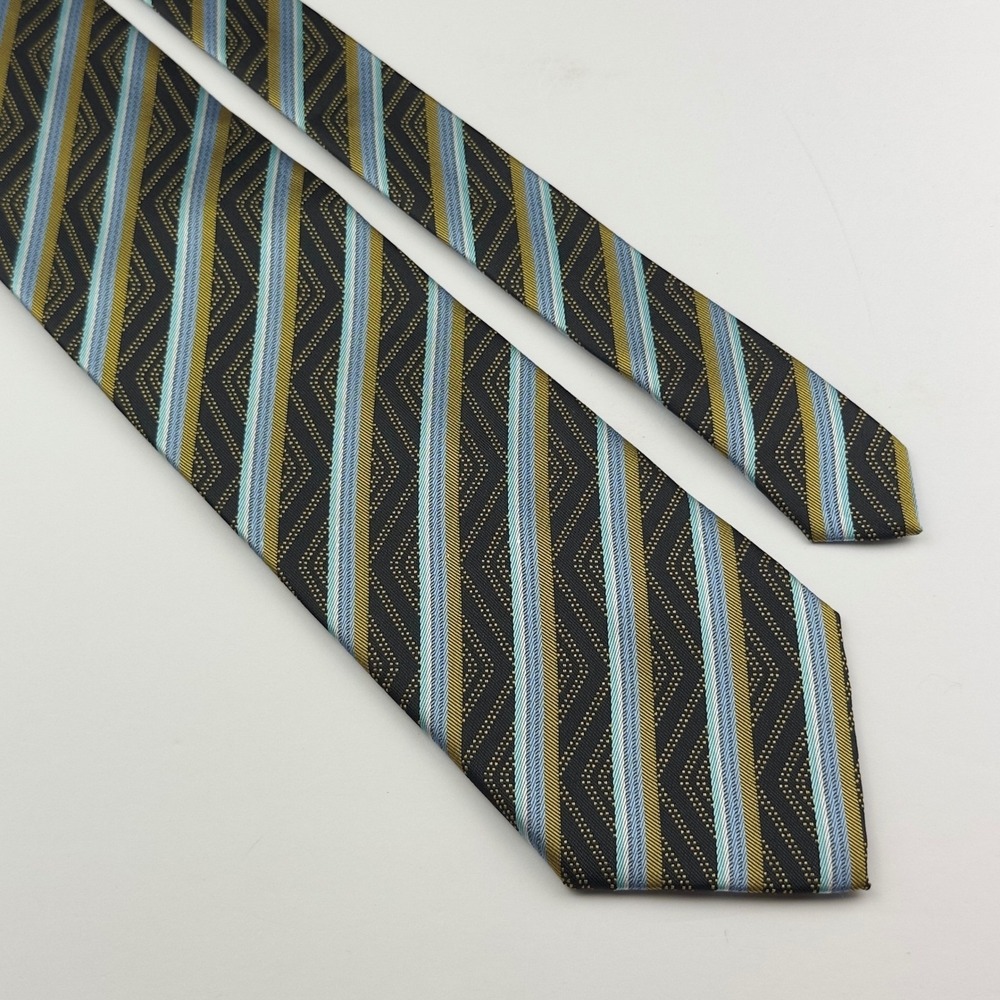 Maria's Made in Italy Silk Necktie Gold Blue Black Geometric Striped Mens Tie